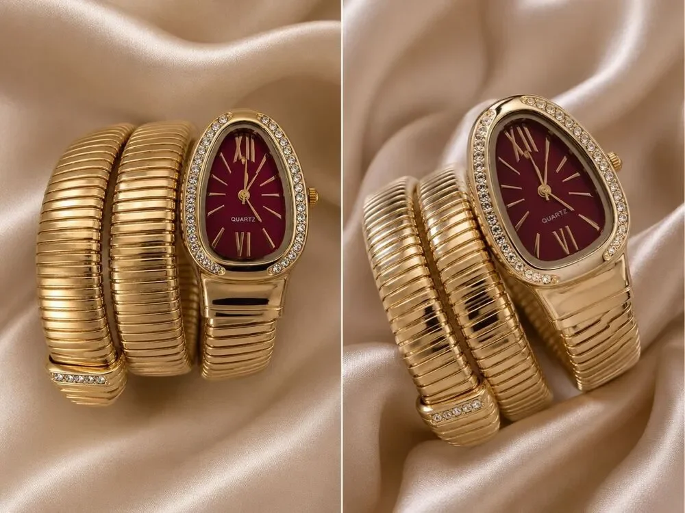 Luxurious Gold Serpentine Bracelet Watch Crystal Burgundy Elegant Dial NWOT